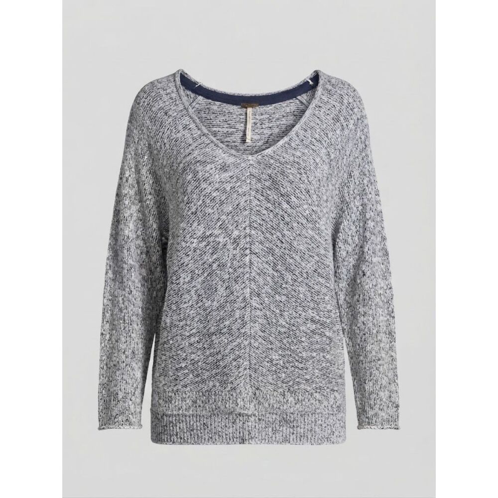 Free People Oversized Textured Knit V-Neck Pullover Sweater Heathered Gray Sz S